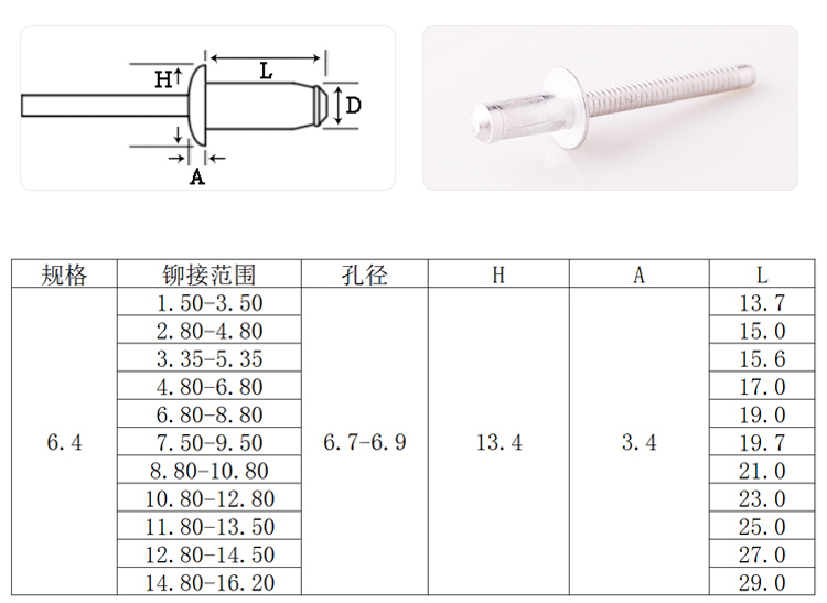 海馬鋼結構鋁抽芯鉚釘規格圖