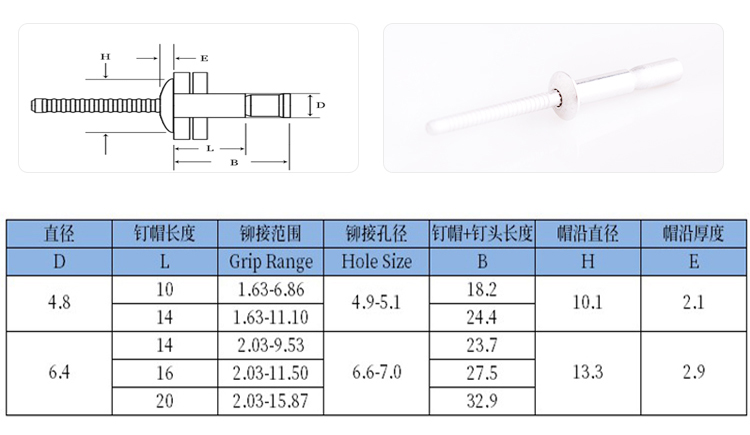口杯拉絲圓頭全鋁抽芯鉚釘規格圖